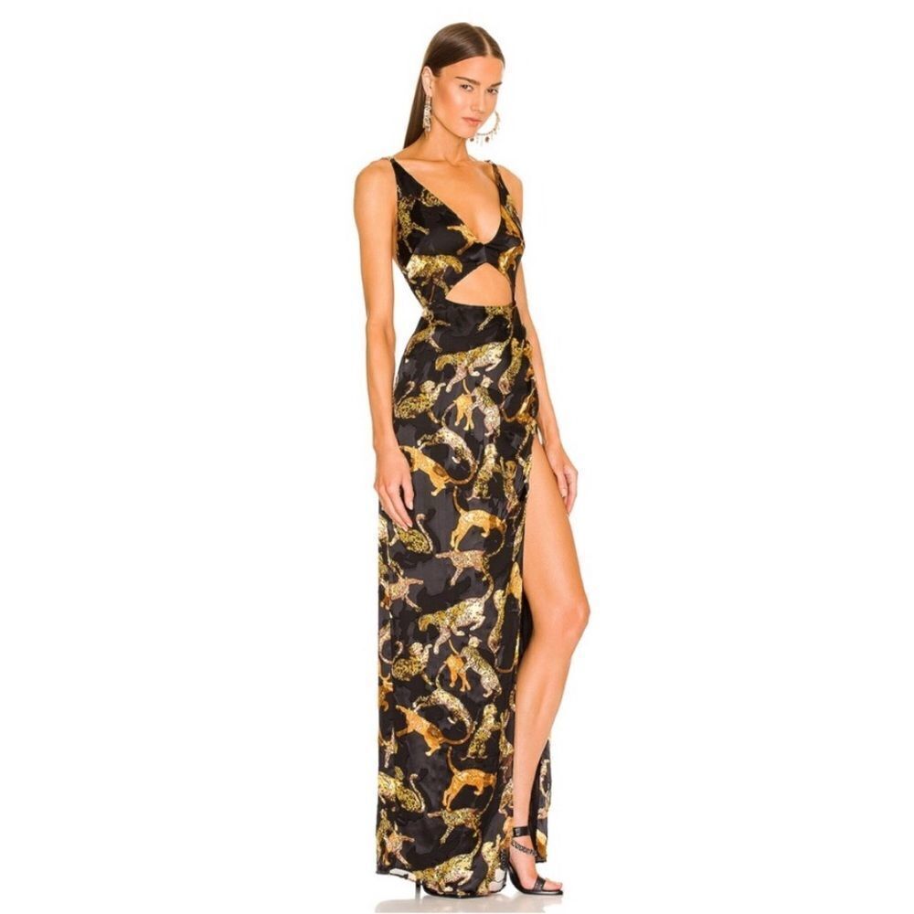 DUNDAS X REVOLVE Gown Animal Print Celeste Maxi Dress Black & Gold Cats Cut Out